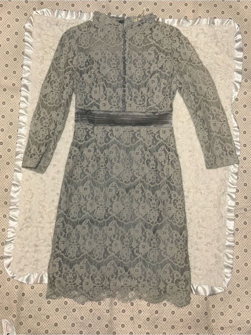 Metisu Gray Lace Midi Dress High Neck Long Sleeve Size S NWT